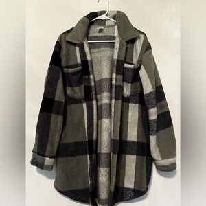 just be Olive, Black & Cream Plaid Sherpa Jacket